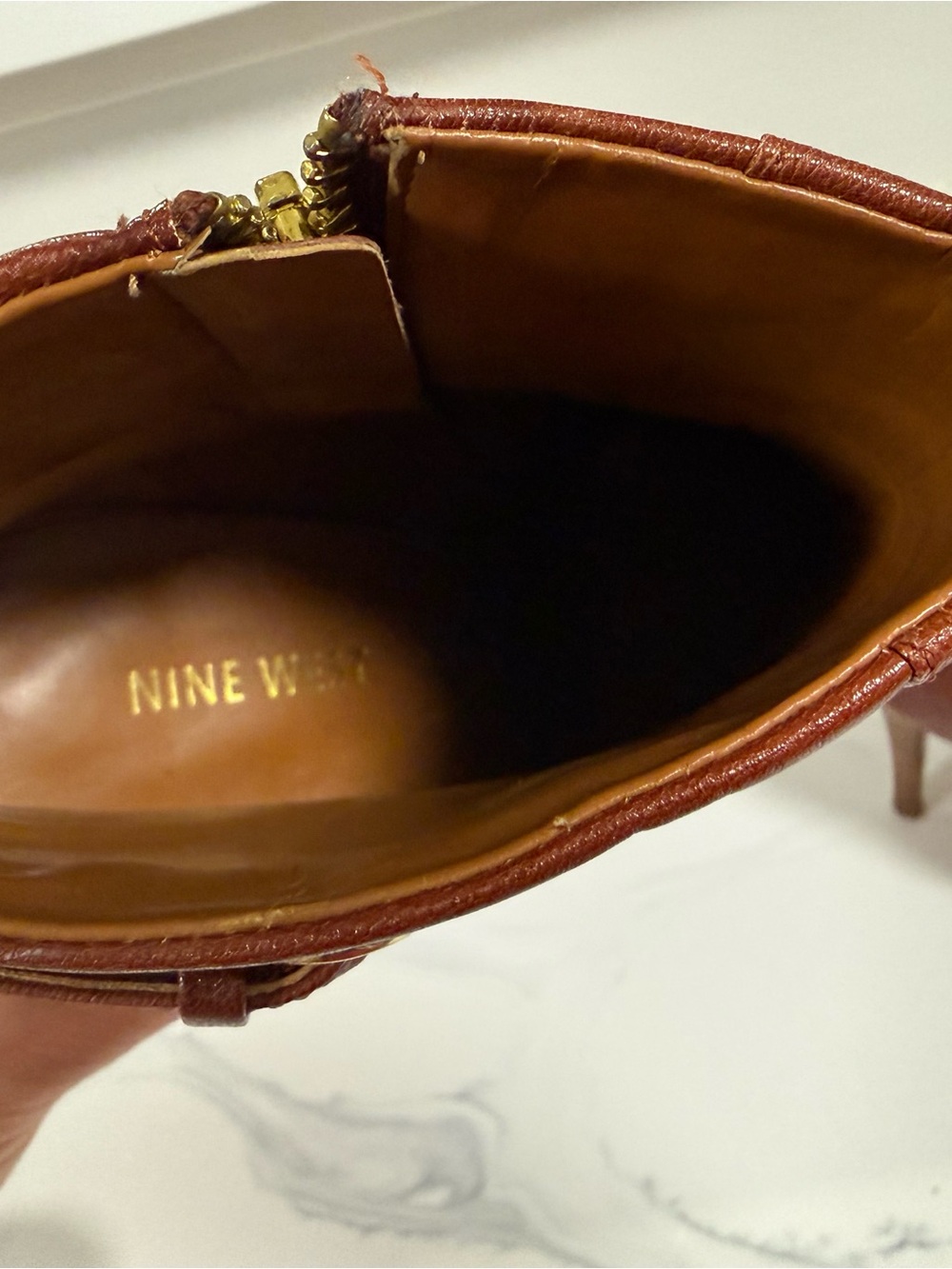 Nine West Cognac Leather High-Heel Ankle Booties with Gold Zippers - Picture 6 of 7